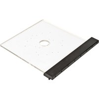 Clear rectangular router base plate with central hole and black edge by Trend.