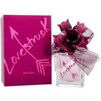 Vera Wang Lovestruck Eau De Parfum 100ml, clear bottle with pink text, floral cap, and matching pink box.