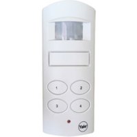 White Yale Shed Alarm with motion sensor, four numbered buttons, and small red indicator light.