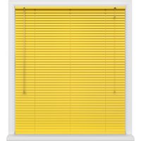 Yellow metal Venetian blinds with horizontal slats and pull cords, fitted in a white window frame.