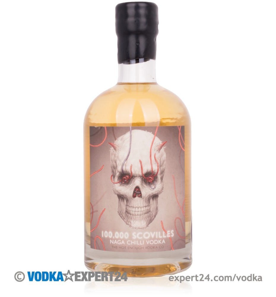 Clear glass bottle with a black cap, featuring a label with a skull design and red chillies, containing 70 cl of 100,000 Scovilles Naga Chilli Vodka.