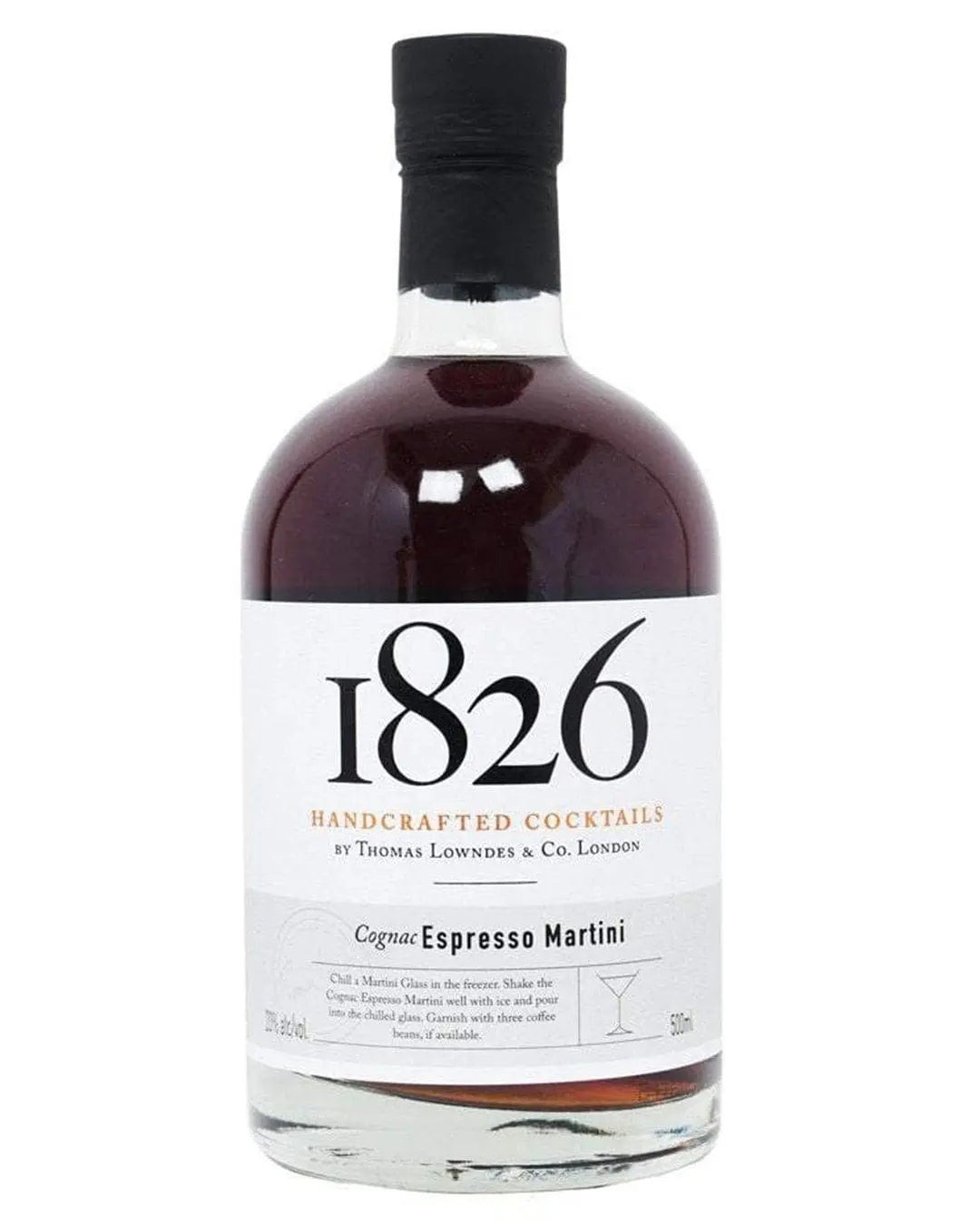A dark glass bottle labeled "1826 Handcrafted Cocktails" with a white and black design, containing 50 cl of Espresso Martini, featuring a cork stopper and elegant branding.