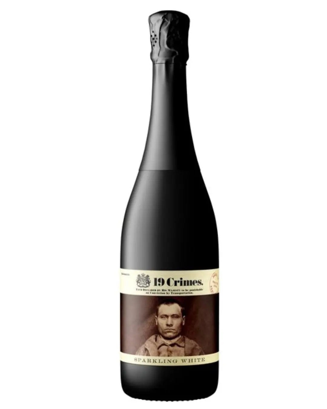A black bottle of 19 Crimes Sparkling White Wine, featuring a vintage label with a sepia-toned portrait and the text "Sparkling White" prominently displayed.