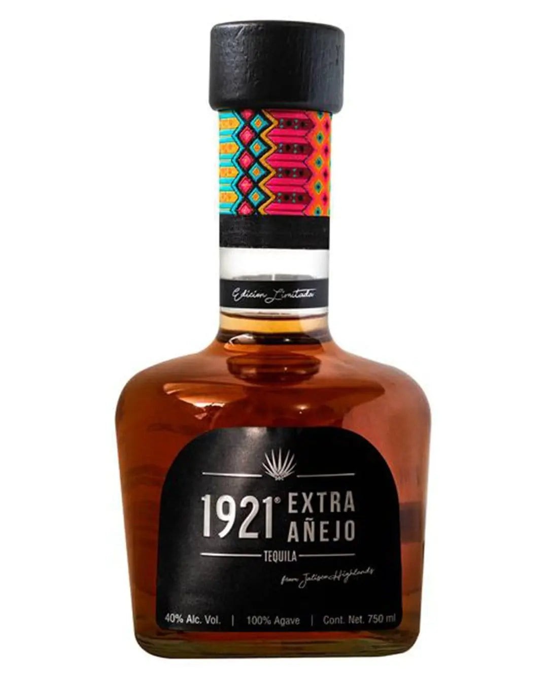 1921 Extra añejo Tequila bottle features a rounded glass design with a dark amber liquid, a colorful patterned neck, and a black label with white text.