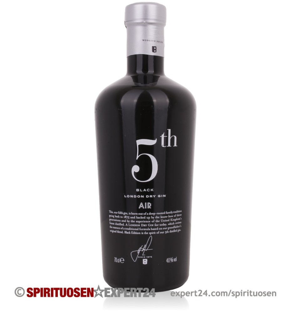 Black glass bottle of 5th Gin Air, 70 Cl, featuring a sleek design with a silver cap, bold "5th" logo, and white text detailing the gin's characteristics and alcohol content.