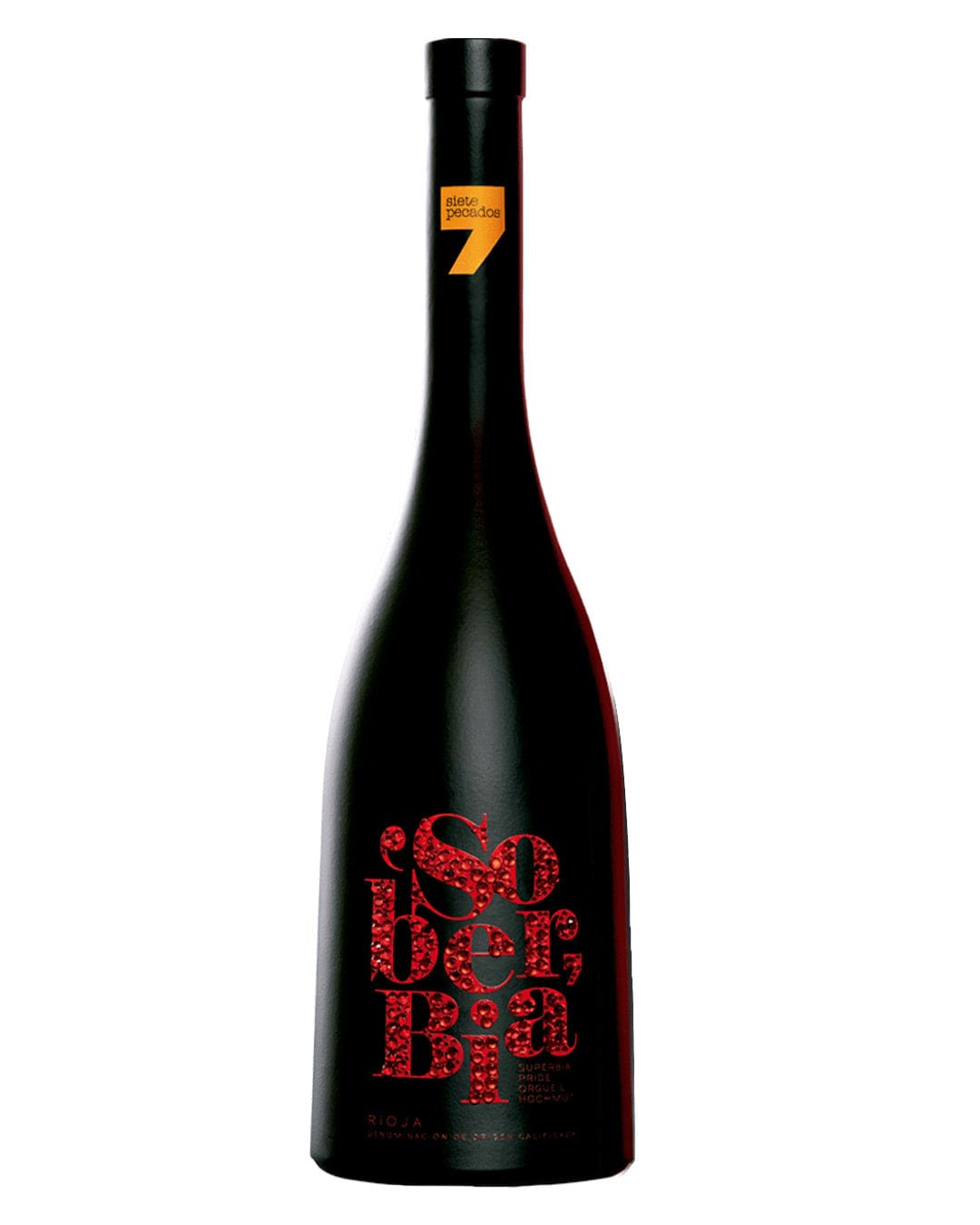 Tall black wine bottle with a sleek design, featuring bold red lettering spelling "Soberbia" and a yellow tag on the neck, indicating it is a 75 cl Rioja wine by 7 Pecados.