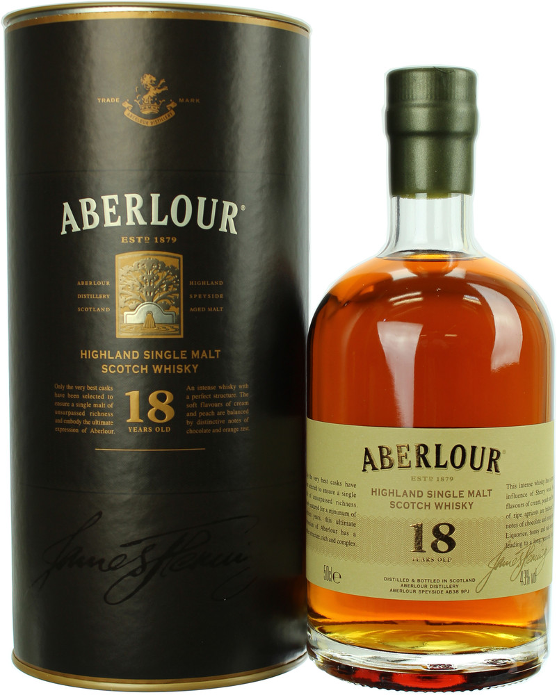 Amber-colored whisky bottle with a rounded shape, labeled "Aberlour 18 Year Old" in gold and cream, alongside a matching cylindrical black box featuring the brand logo.