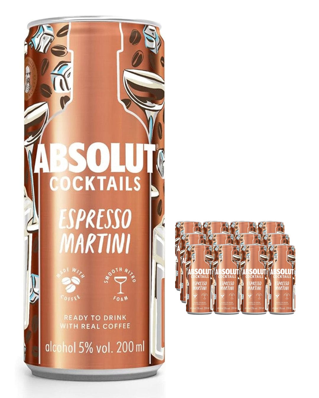 Twelve 200 ml cans of Absolut Espresso Martini, featuring a sleek bronze design with coffee and cocktail illustrations, labeled "ABSOLUT COCKTAILS" and "READY TO DRINK."