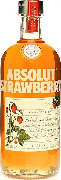 Clear glass bottle of Absolut Limited Edition Strawberry Juice Vodka, featuring a vibrant orange liquid, decorative strawberry illustrations, and a white label with bold text.