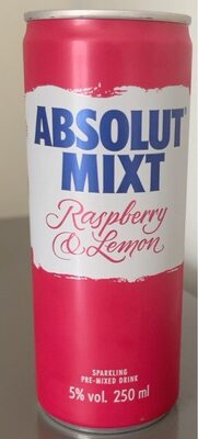 Bright pink can featuring "ABSOLUT MIXT" in bold blue letters, with "Raspberry & Lemon" in elegant script, indicating a sparkling premixed cocktail with 5% alcohol, 250 ml.