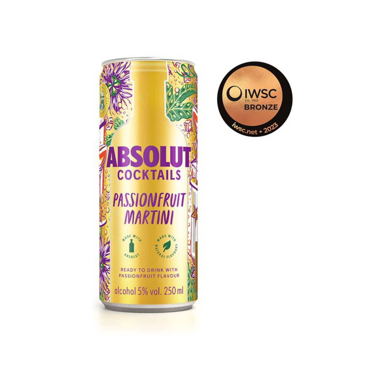 Bright gold can featuring vibrant tropical designs, labeled "Absolut Cocktails Passionfruit Martini," with a 250 ml capacity and 5% alcohol, alongside a bronze IWSC award emblem.