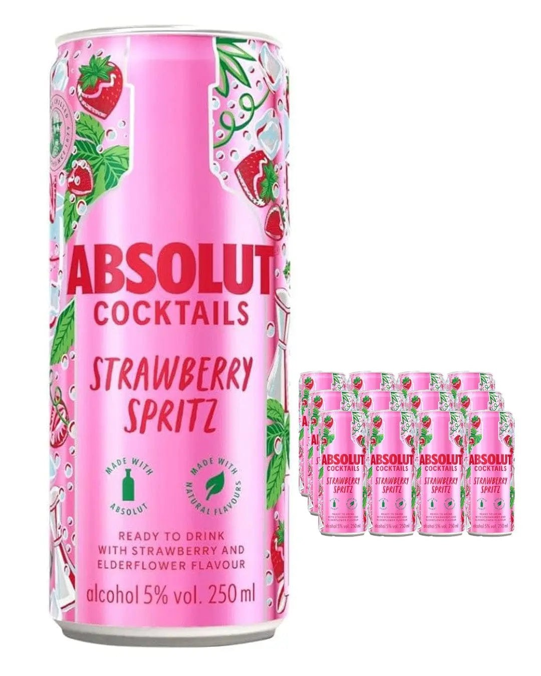Bright pink cans of Absolut Strawberry Spritz, featuring vibrant strawberry and floral designs, arranged in a multipack of twelve, each containing 250 ml of premixed cocktail.