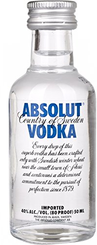 Clear glass miniature bottle of Absolut Vodka, featuring a white label with blue text, and a silver cap, containing 50 ml of vodka with 40% alcohol by volume.
