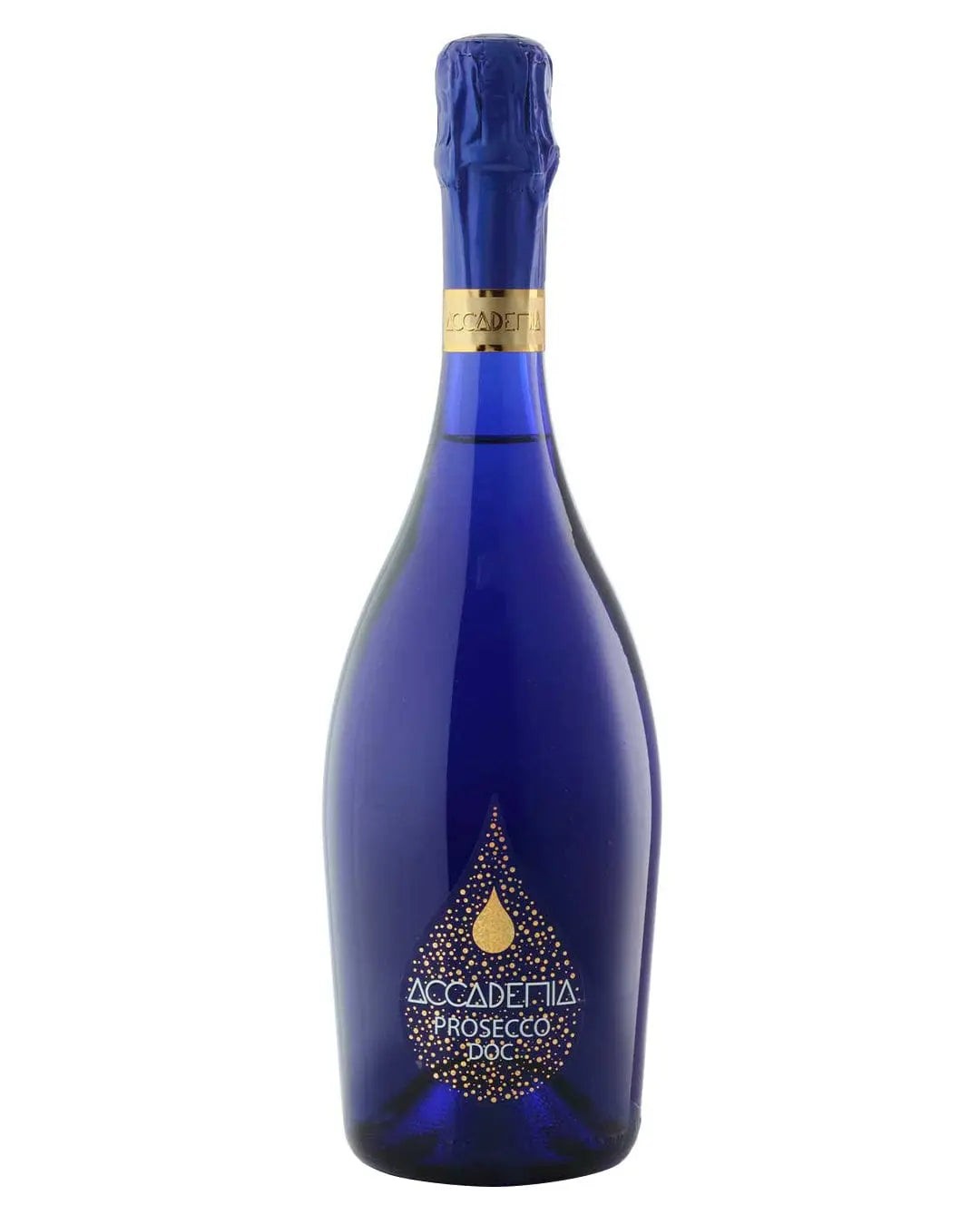 A blue glass bottle of Accademia Prosecco, 75 cl, featuring a gold label with decorative elements and a cork top, showcasing a distinctive and elegant design.