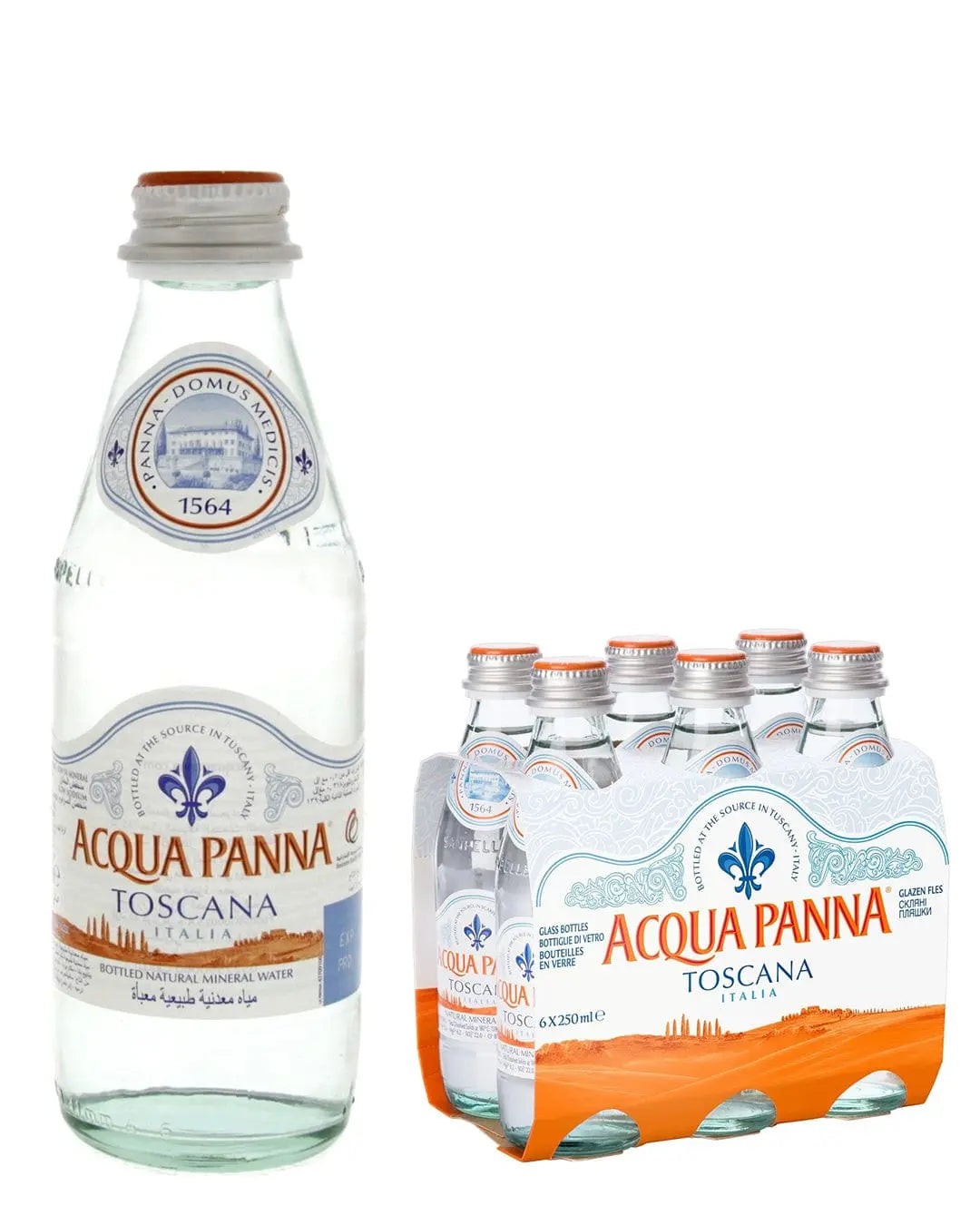 Clear glass bottle of Acqua Panna mineral water with a metal cap, alongside a six-pack of 250 ml bottles in a colorful cardboard carrier, featuring the brand logo and Italian text.