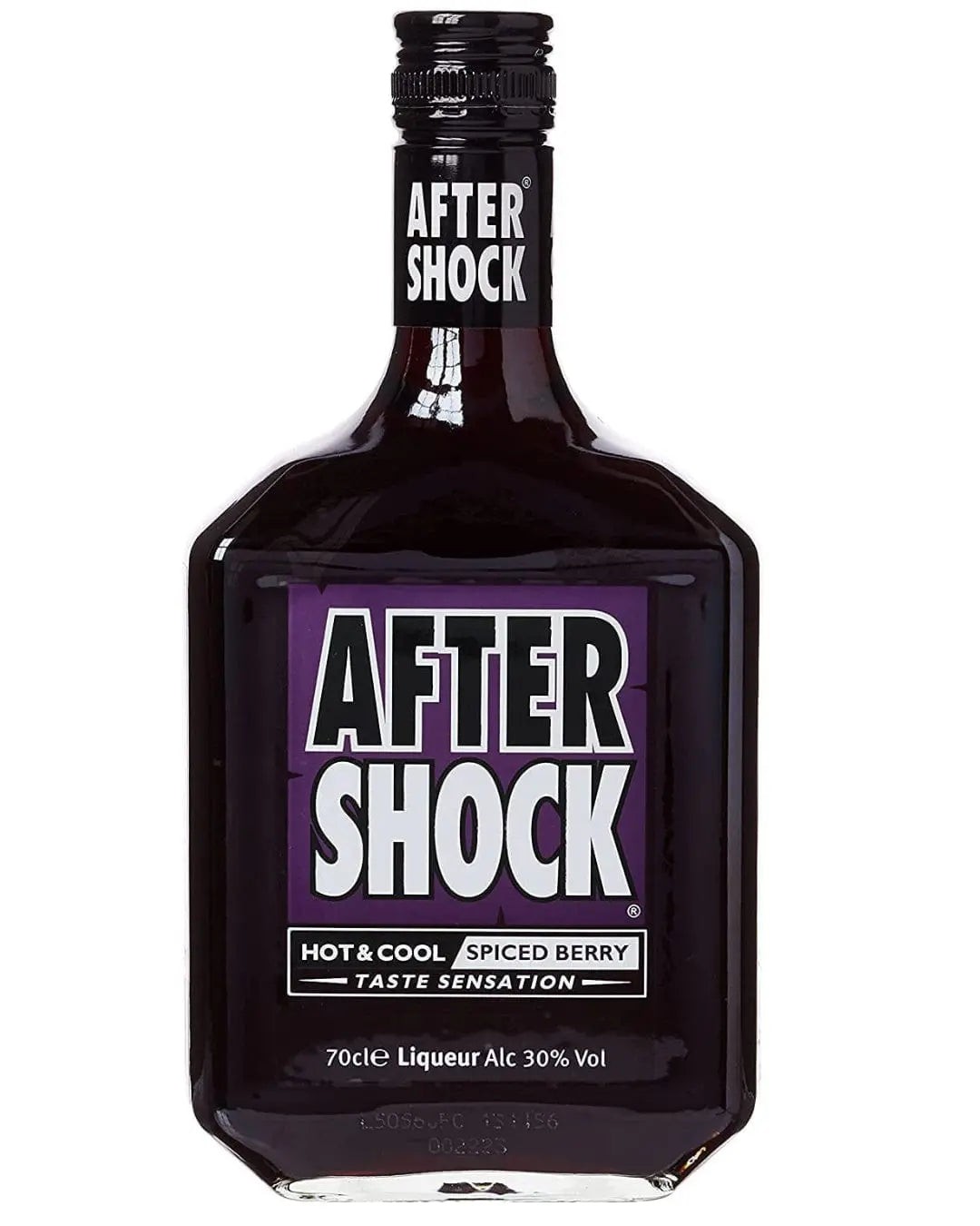 Clear glass bottle of After Shock Black liqueur, featuring a square shape, dark purple liquid, and bold black and white label with "AFTER SHOCK" prominently displayed.
