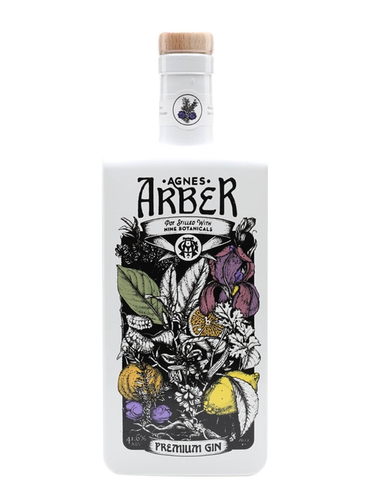 White bottle of Agnes Arber Gin featuring a botanical illustration in vibrant colors, a wooden cork, and a label with the text "Agnes Arber" and "Premium Gin."
