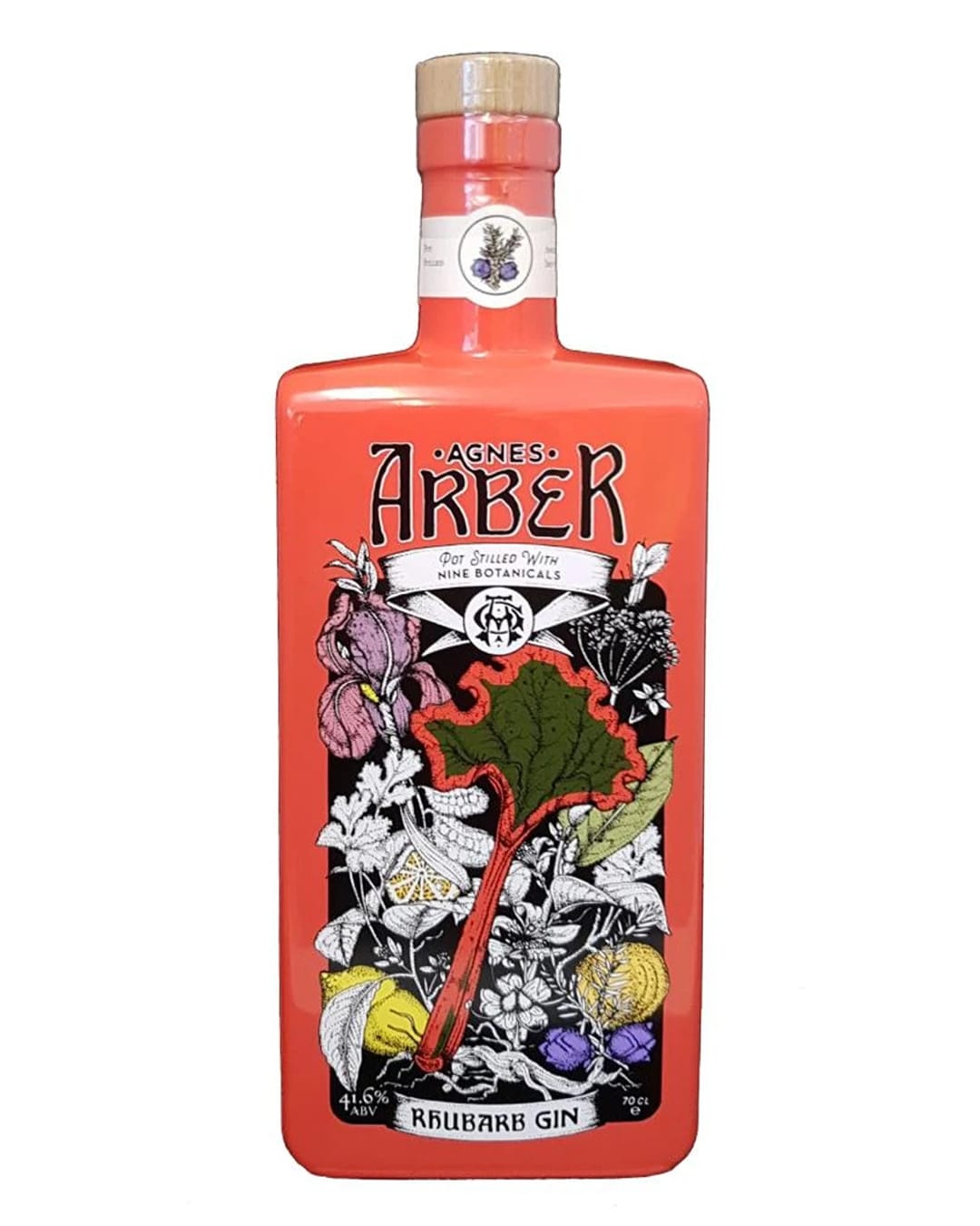 Bright pink rectangular bottle of Agnes Arber Rhubarb Gin, featuring a colorful label with botanical illustrations and the brand name in bold black lettering.