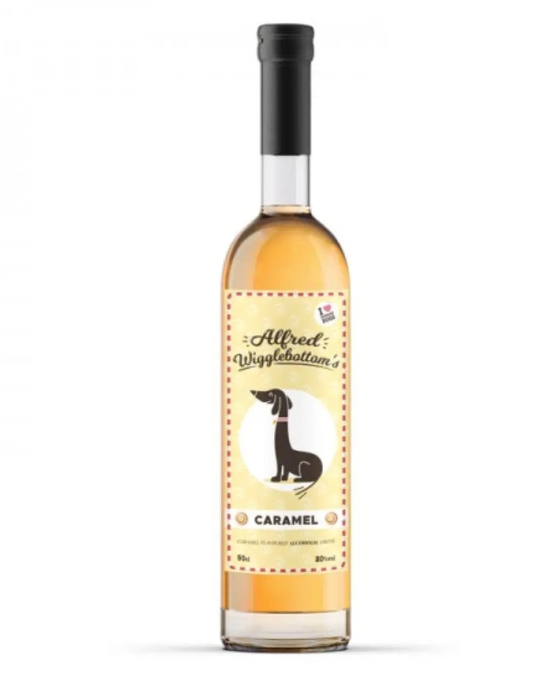 Clear glass bottle of Alfred Wigglebottom's Caramel Gin Liqueur, featuring a yellow label with a cartoon dog, and a black cap, filled with amber liquid.