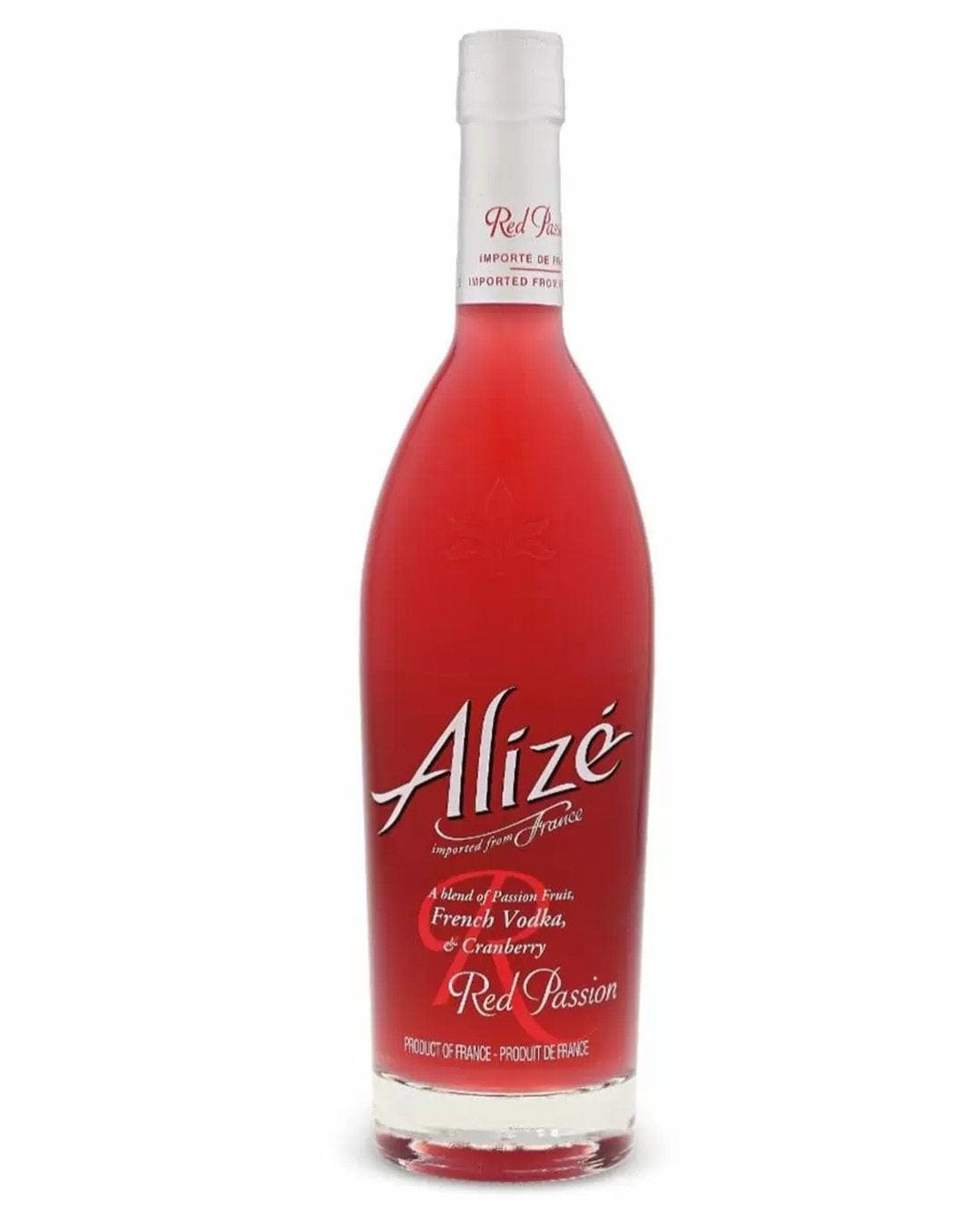 Clear glass bottle filled with vibrant red liqueur, featuring a white label with the text "Alizé" and "Red Passion," and a sleek, modern design with a curved neck.