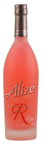 A frosted pink glass bottle of Alize Rose Passion Liqueur with a silver cap, featuring elegant cursive branding and a floral design, holding 70 cl of the liqueur.