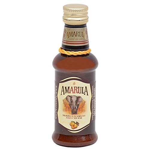 Amarula Cream Liqueur miniature bottle, 5 cl, featuring a brown glass body, gold cap, and an elephant logo on a cream label with a decorative rope detail.