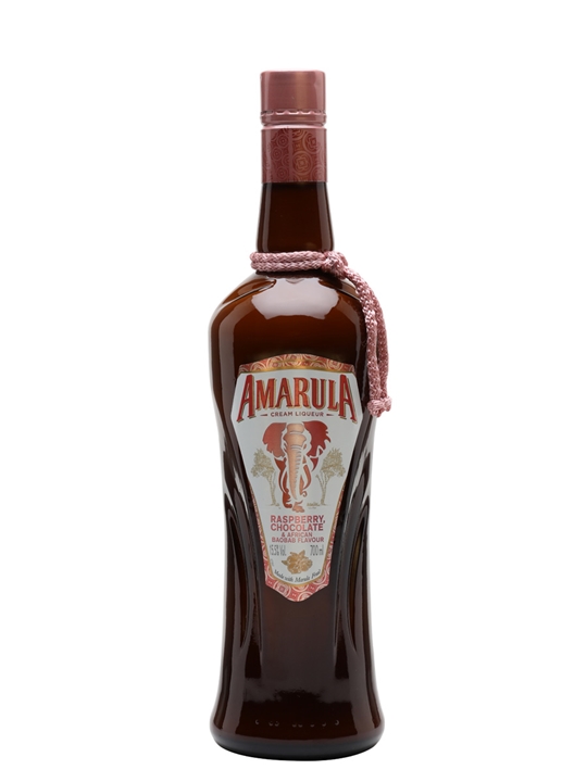 Tall, brown glass bottle of Amarula Raspberry & Chocolate Cream Liqueur, featuring a decorative label with an elephant and a pink rope around the neck, holding 70 cl.