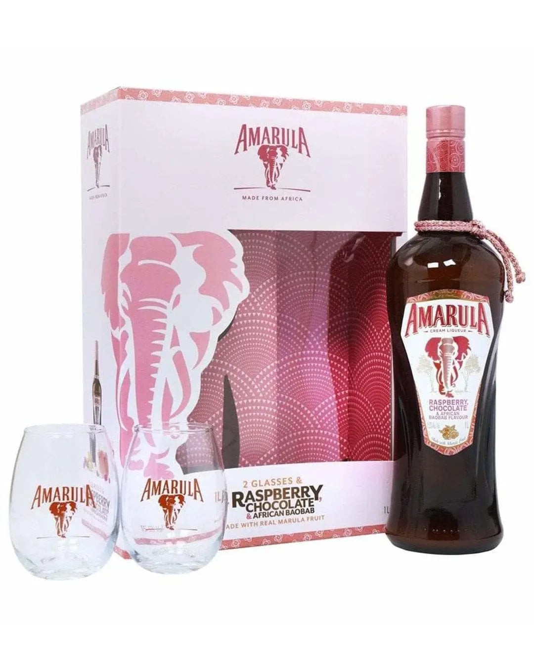 Amarula Raspberry & Chocolate Cream Liqueur Gift Pack featuring a 1 L bottle, two branded glasses, and a pink box with an elephant design.