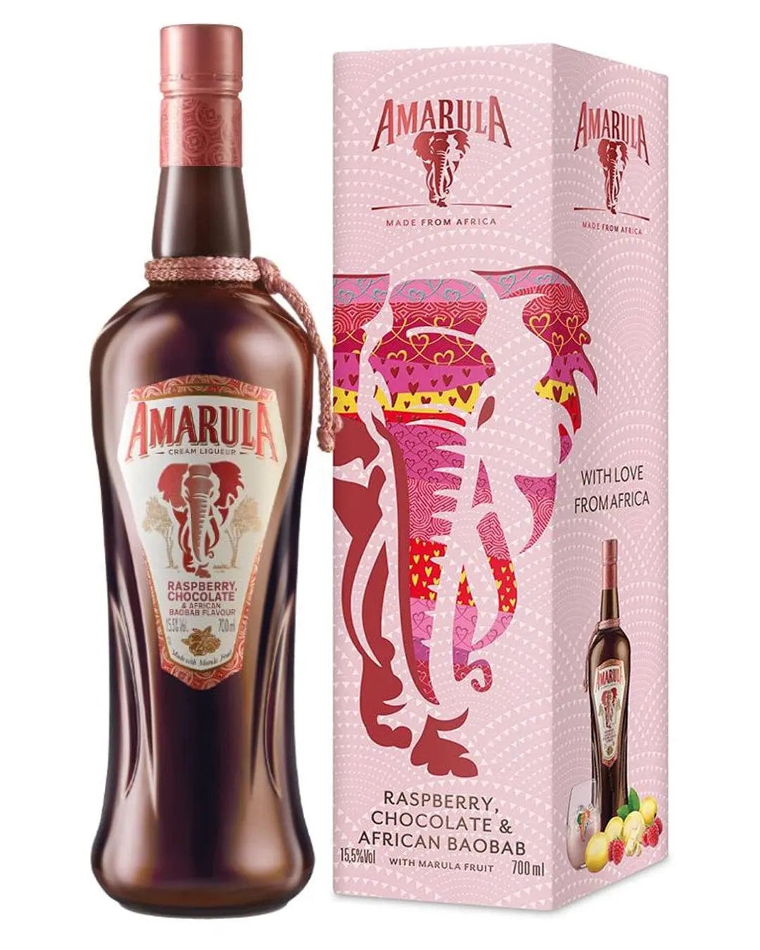 Amarula Raspberry, Chocolate & African Baobab Cream Liqueur in a decorative pink and white gift box featuring an elephant design, with a 70 cl glass bottle beside it.
