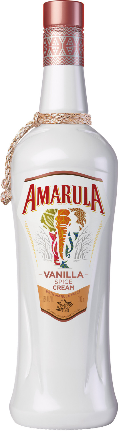 White bottle of Amarula Vanilla Spice Cream Liqueur with a decorative rope neck, featuring a colorful label with the brand name and tropical imagery, holding 700 ml of liquid.