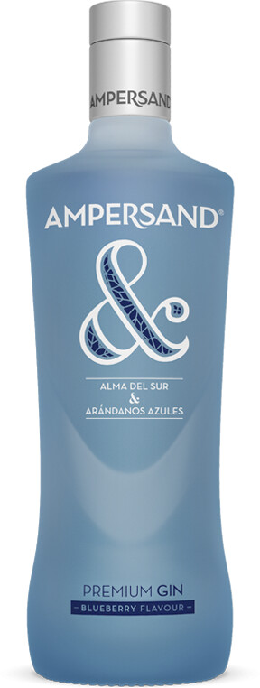Light blue glass bottle of Ampersand Blueberry Gin, featuring a decorative "&" design and white text, with a premium label highlighting blueberry flavor.