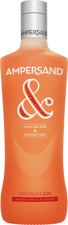 Ampersand Mango Chili Gin bottle in vibrant orange with a sleek design, featuring white text and a decorative "&" symbol, highlighting its mango chili flavor.