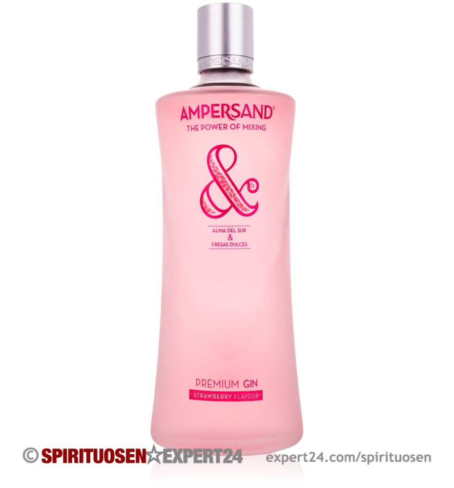 Clear bottle of Ampersand Strawberry Gin, featuring a pink liquid, a prominent ampersand logo, and text highlighting its premium strawberry flavor.