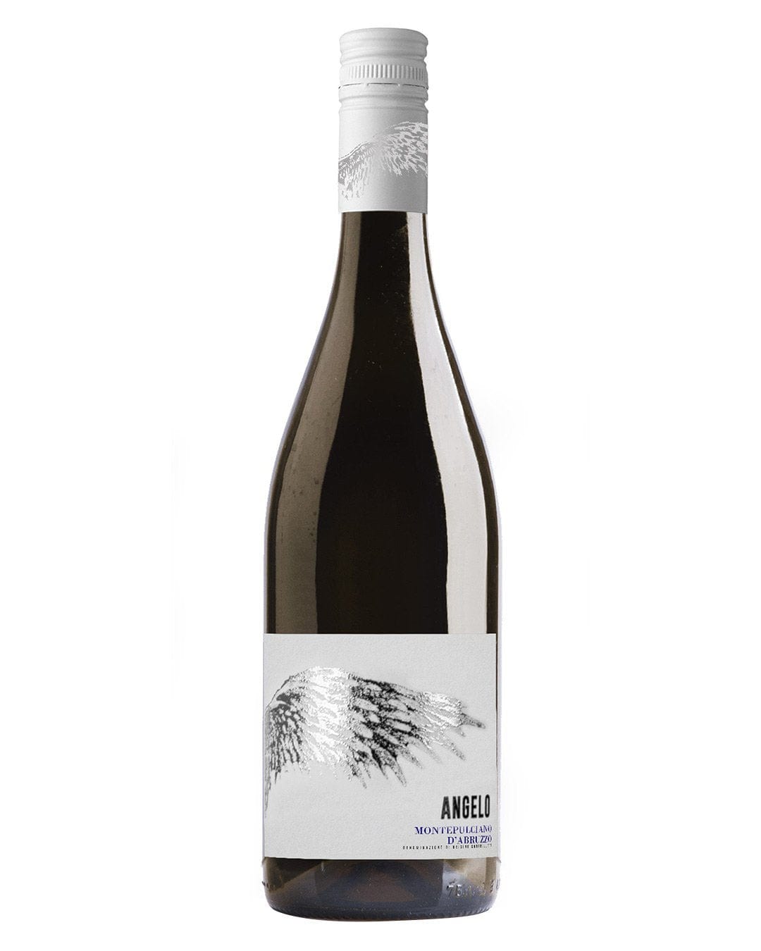 A sleek, dark glass bottle of Angelo Montepulciano D’Abruzzo, featuring a minimalist white label with a textured design and silver accents, topped with a white screw cap.