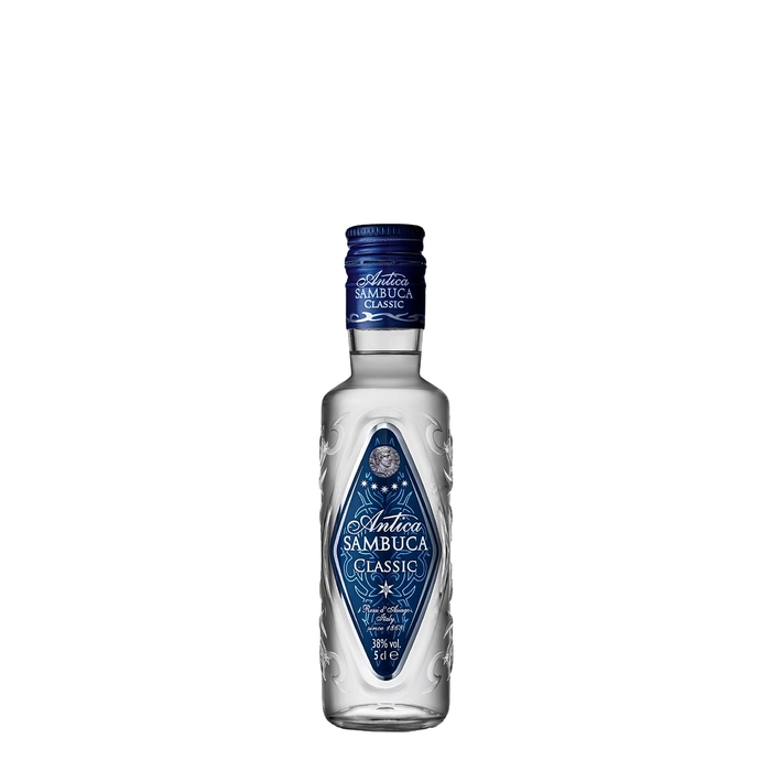 Clear glass miniature bottle of Antica Sambuca Classic, featuring a blue and silver label, with a decorative design and a blue cap, containing 5 cl of liqueur.