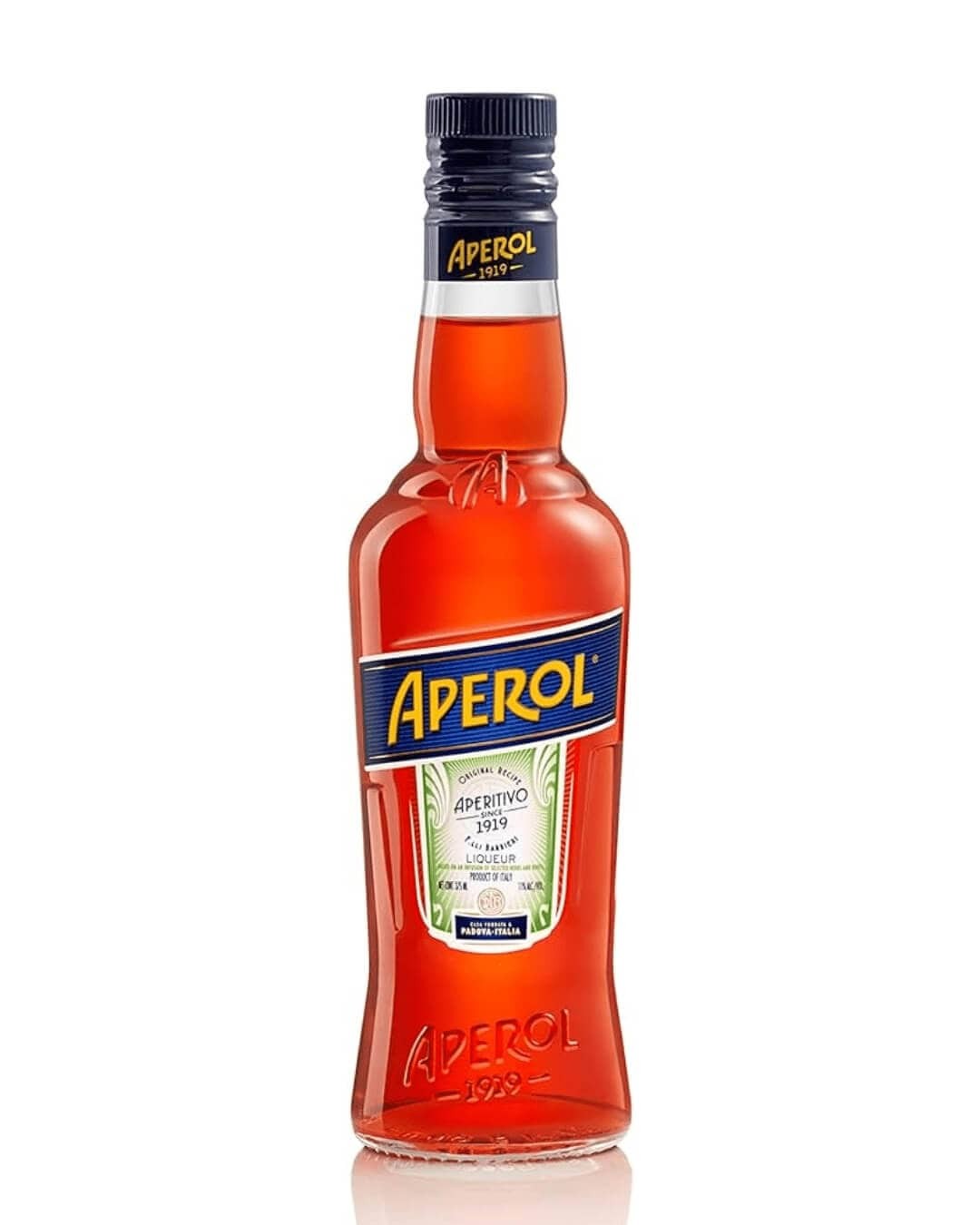 Aperol Aperitivo bottle, 35 Cl, featuring a vibrant orange liquid, a curved glass shape, a blue and yellow label with "Aperol" prominently displayed, and a black screw cap.
