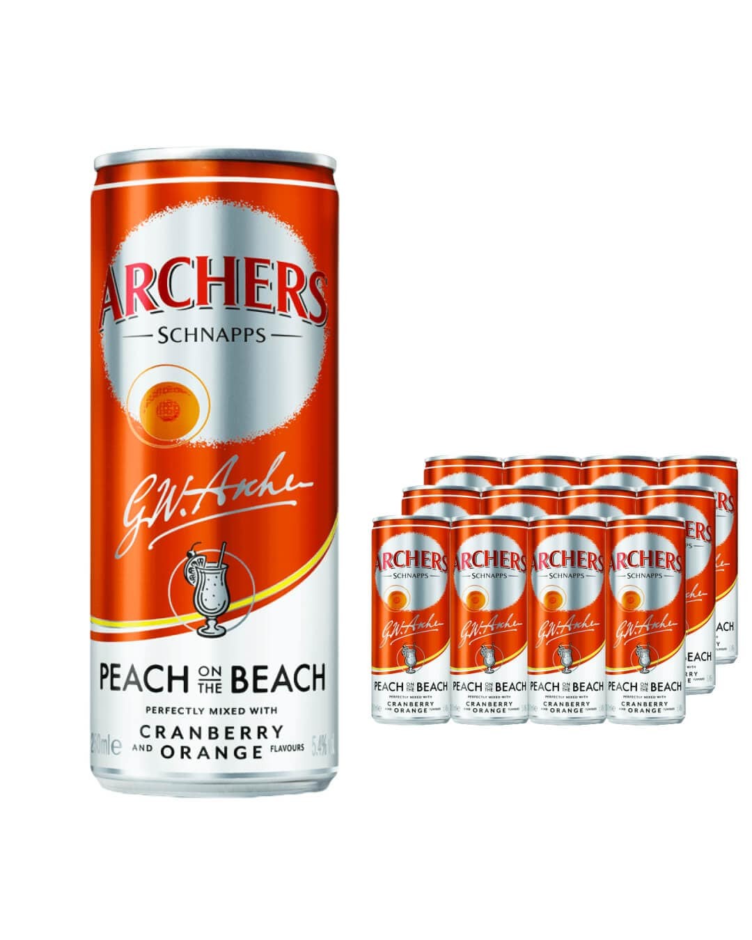 Twelve cans of Archers Peach on the Beach premixed cocktail, featuring a vibrant orange design with a peach slice, cranberry, and orange flavor notes. Each can holds 250 ml.