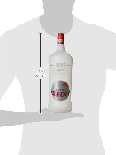 Clear glass bottle of Archers Peach Schnapps, 1.5 L, featuring a white label with red and orange accents, and a round peach logo, standing 13 inches tall.