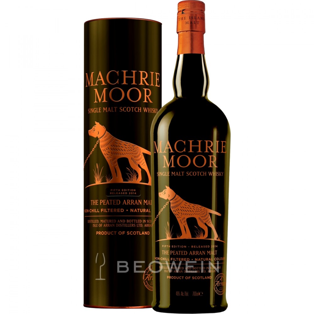 Dark green glass bottle with an orange label featuring a stylized dog and text, accompanied by a matching cylindrical black packaging, both showcasing "Machrie Moor" branding.