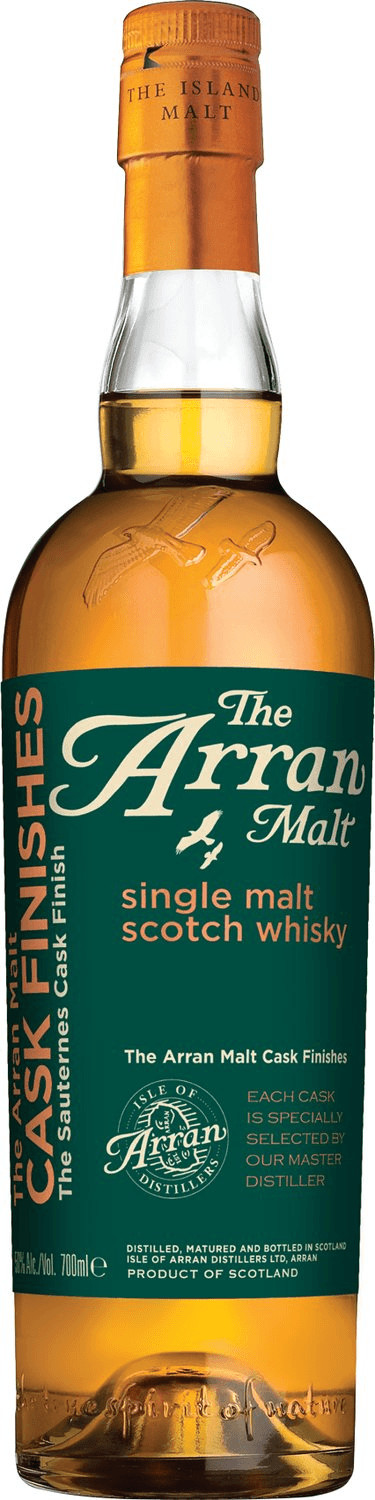 Green and gold bottle of Arran Sauternes Cask Finish Island Single Malt Scotch Whisky, featuring a label with white text and a gold cap, 700ml, 50% ABV.