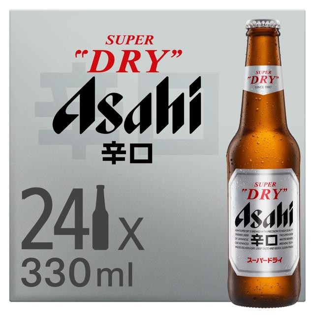 A pack of 24 Asahi Super Dry beer bottles, each 330 ml, featuring a clear glass design with a brown tint and a prominent black and red label displaying the brand name.