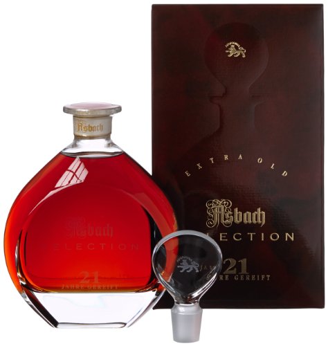 Amber-colored bottle with a distinctive curved shape, labeled "Asbach Selection 21 Year Old," accompanied by a dark brown box and a clear stopper.