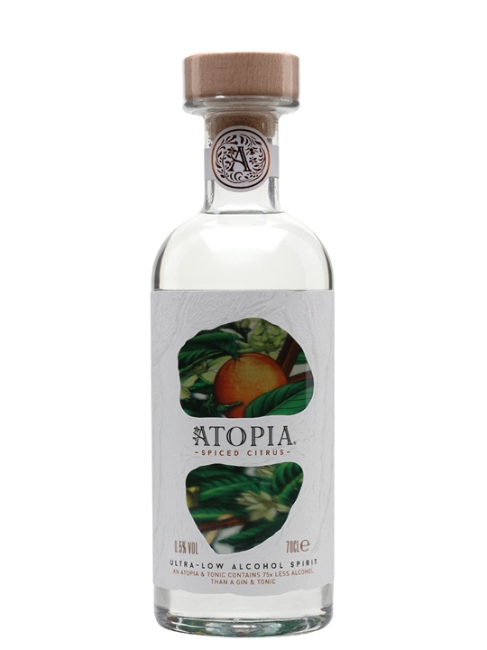 Clear glass bottle with a wooden cork, featuring a white label with green foliage and an orange, labeled "Atopia Spiced Citrus Ultra Low Alcohol Spirit, 70 Cl."