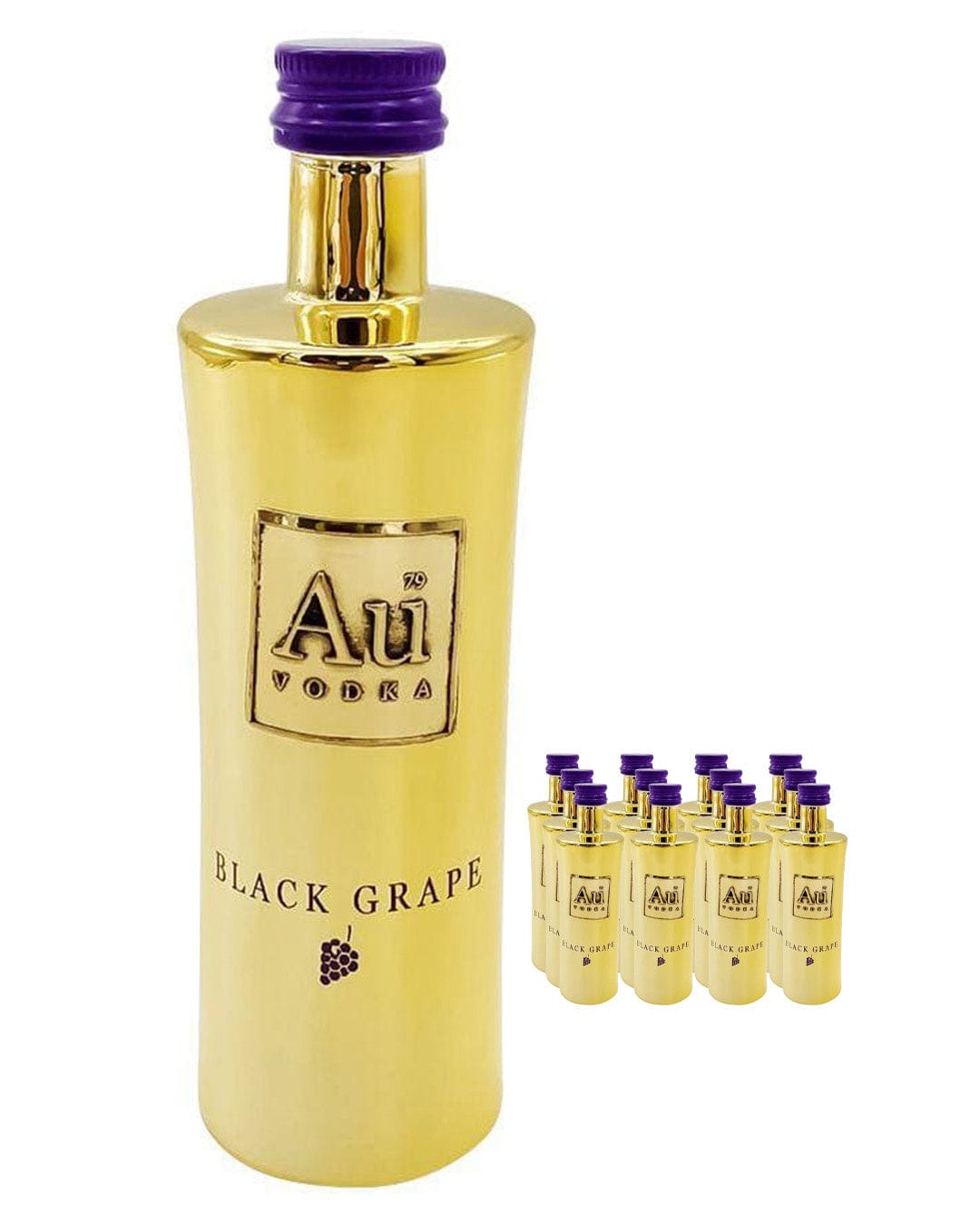 Gold bottle of Au Black Grape Vodka Miniature, 5 Cl, featuring a purple cap and label with the brand name and grape graphic, alongside multiple identical miniatures.