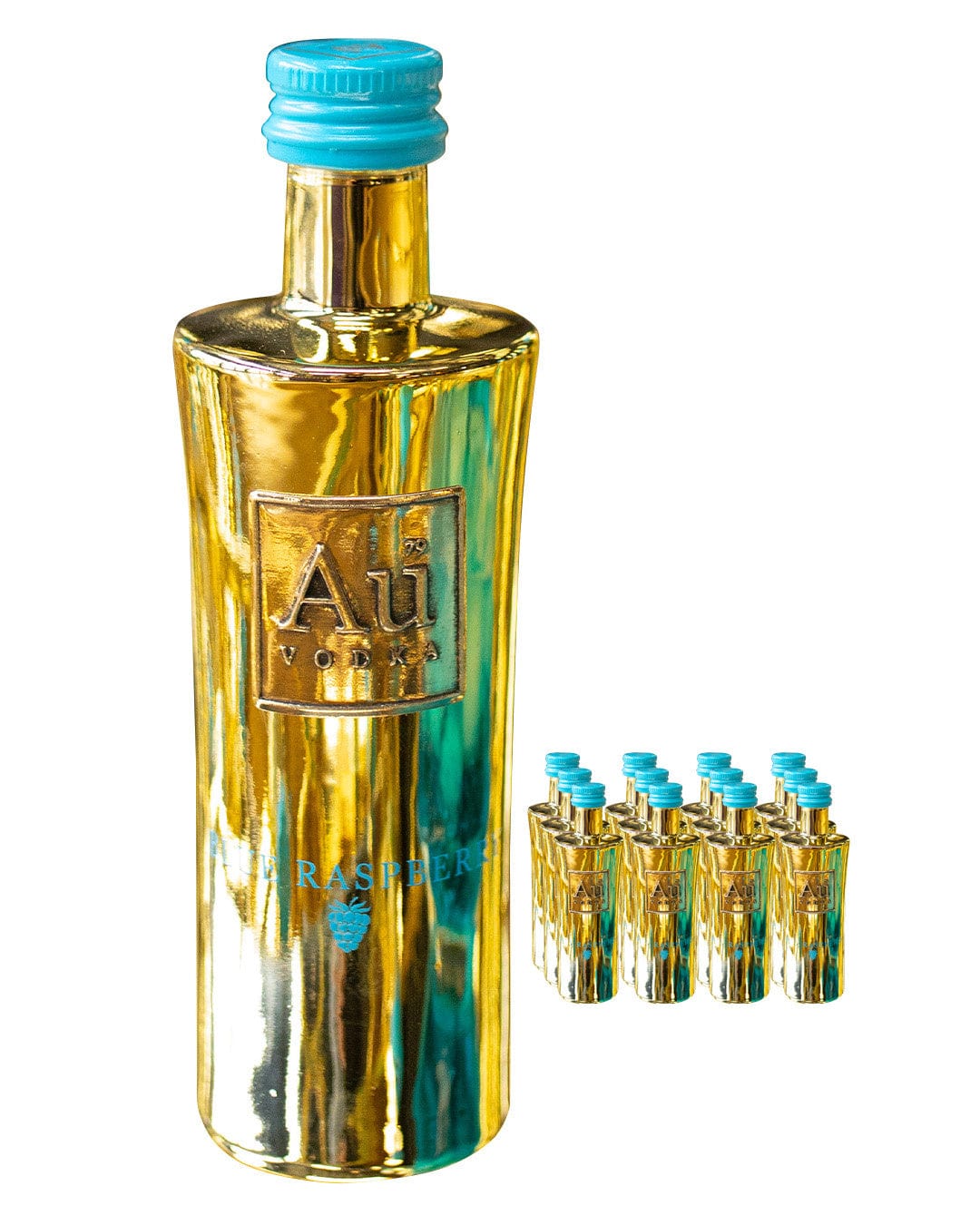 Gold and blue miniature bottle of Au Blue Raspberry Vodka, 5 cl, with a sleek design and a turquoise cap, accompanied by six smaller bottles in the same style.