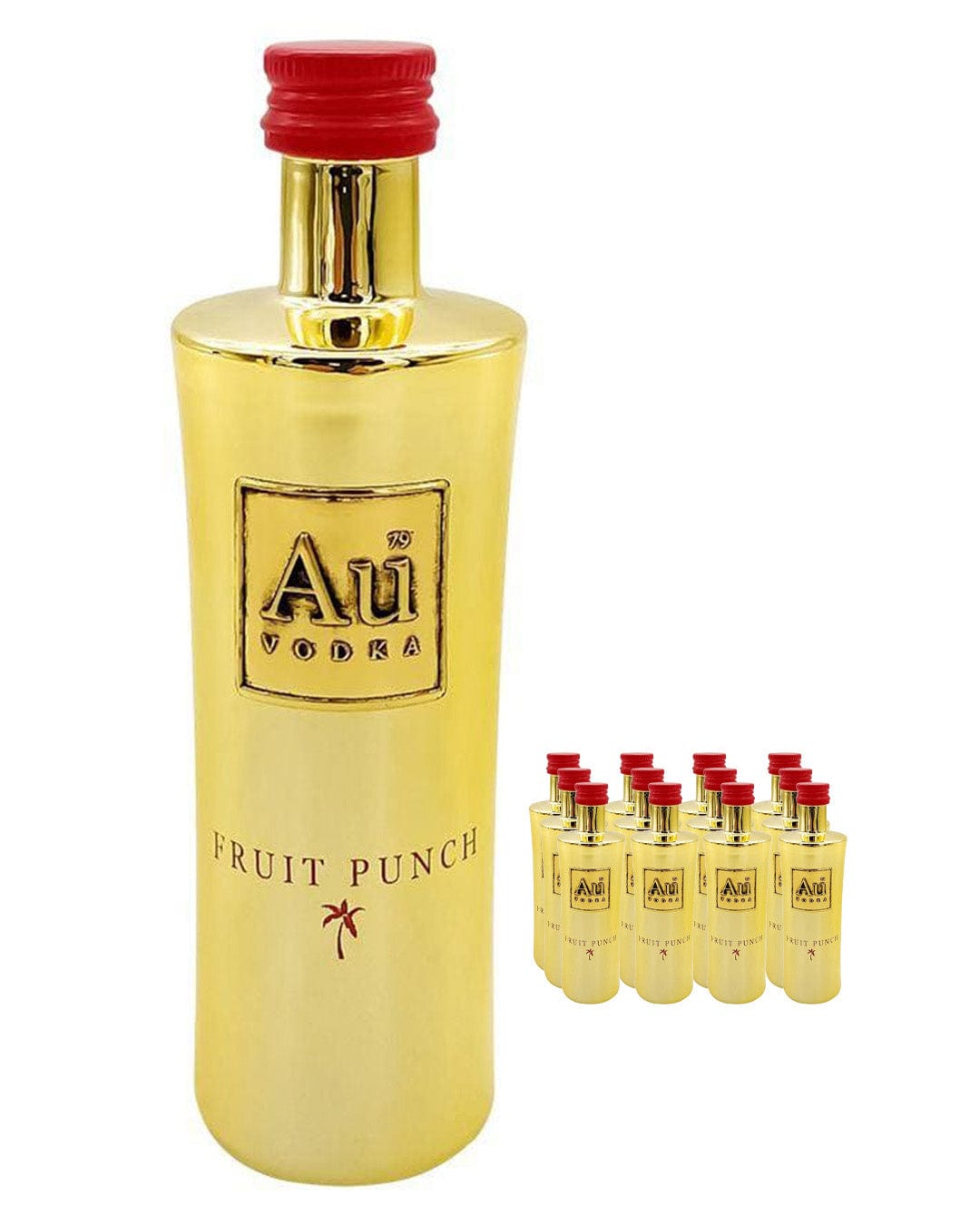 Gold-colored miniature vodka bottle with a red cap, labeled "Au Vodka Fruit Punch," featuring a sleek design and a logo on the front, accompanied by multiple identical bottles in the background.