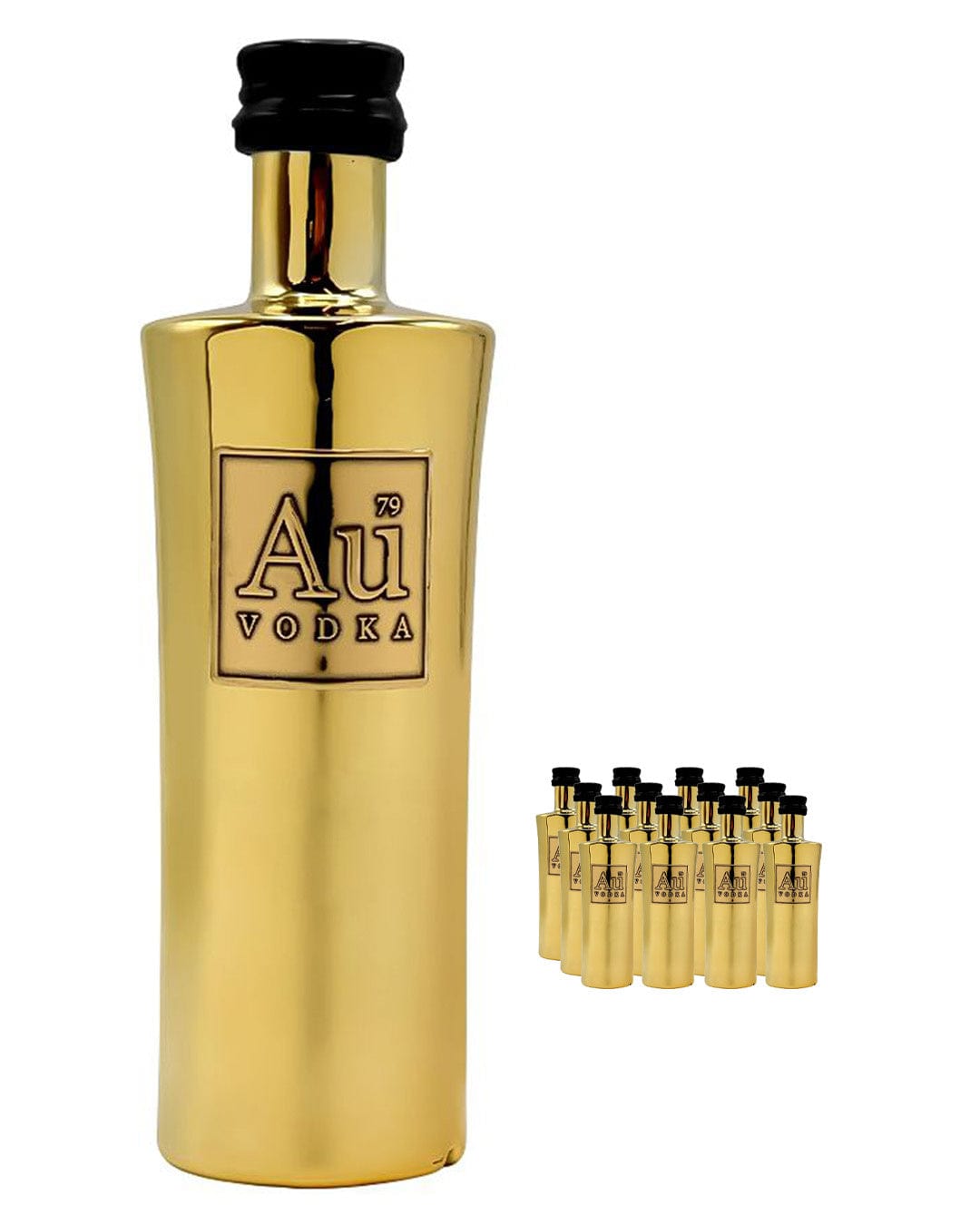 Shiny gold miniature vodka bottle with a sleek design, featuring a black cap and a label that reads "Au Vodka" with the number 79.
