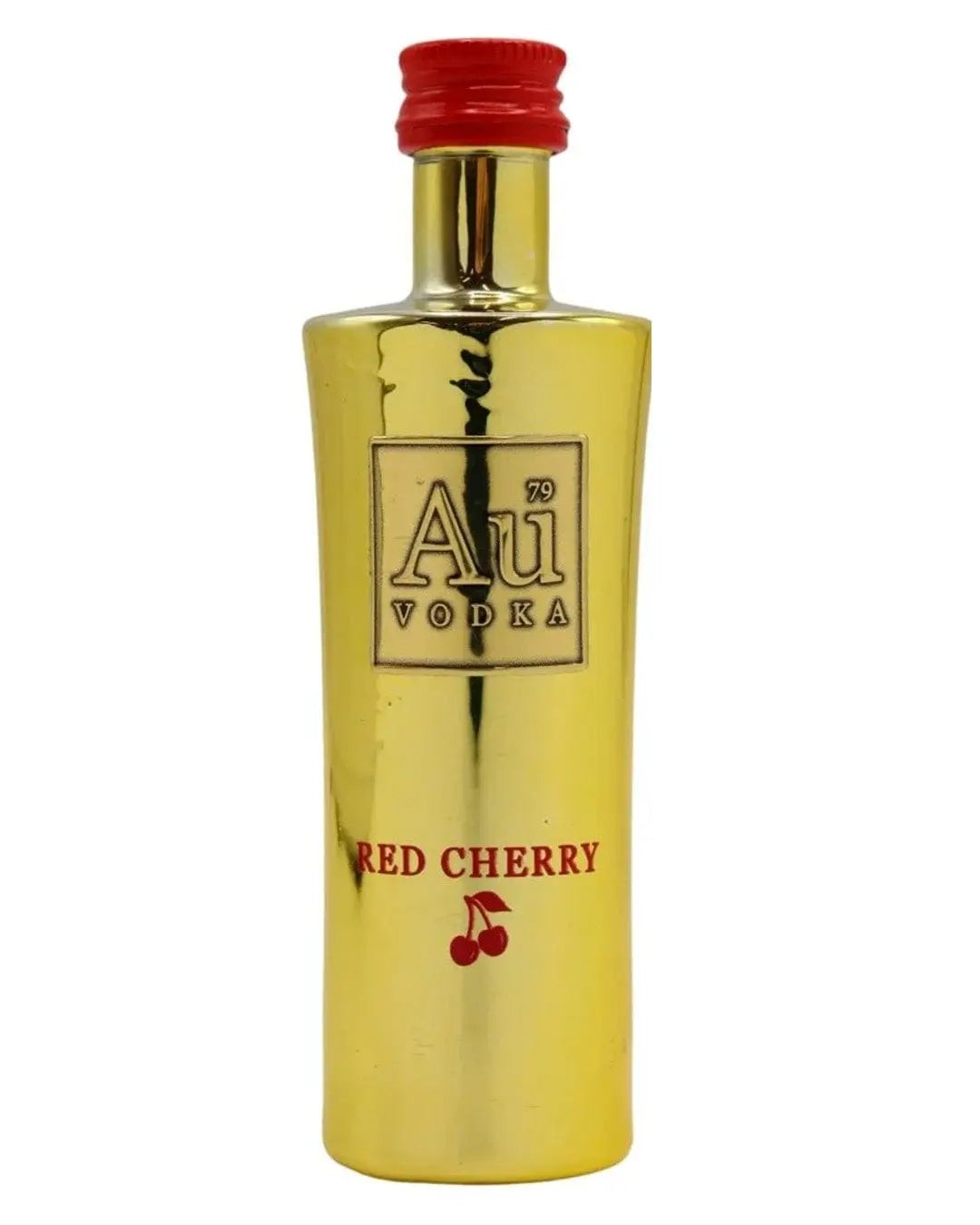Gold-colored miniature bottle of Au Vodka Red Cherry Vodka, featuring a red cap, embossed logo, and "RED CHERRY" label with cherry graphic.