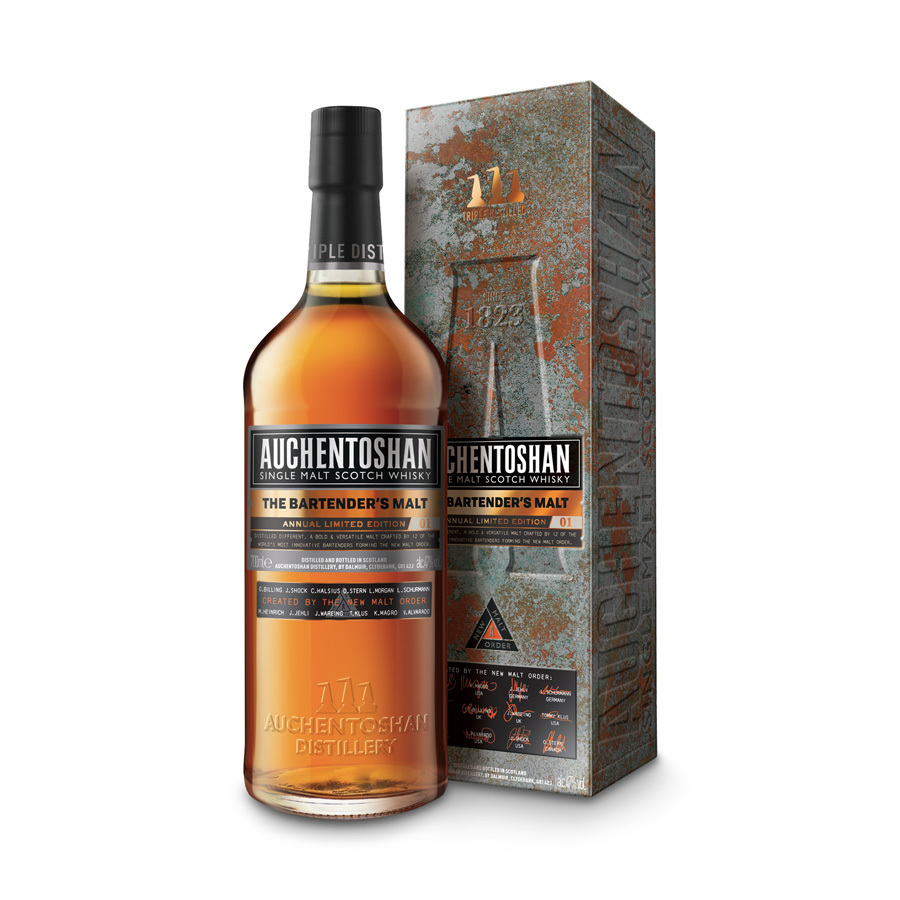 Auchentoshan Bartender's Malt Whisky in a clear glass bottle with a cork stopper, featuring a rich amber color, accompanied by a textured, branded cardboard box with metallic accents.