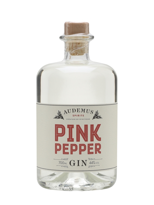 Clear glass bottle with a cork stopper, featuring a cream label and bold red text reading "PINK PEPPER GIN," 70 Cl, 44% ABV, by Audemus Spirits.